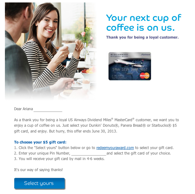 Free  Giftcard from US Airways Mastercard