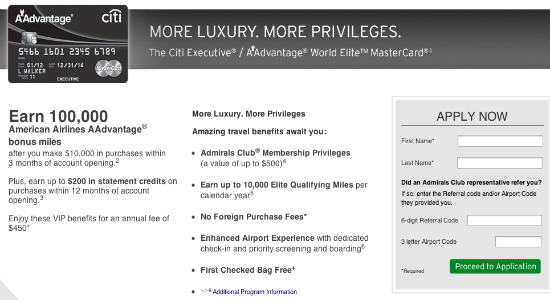 Citi AAdvantage Executive World Mastercard 100000 mile offer