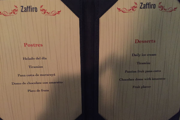 Dessert Menu at Zaffiro