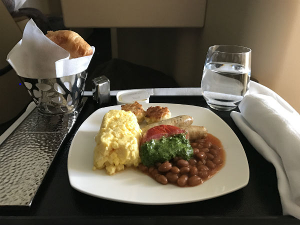 Etihad Airways Business Class Breakfast Scrambled Eggs with Sausage and Baked Beans