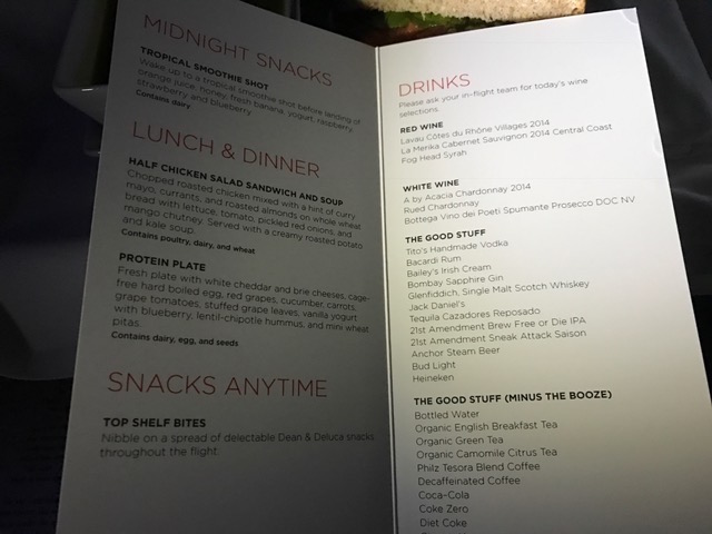 Virgin America First Class Menu San Francisco to New York