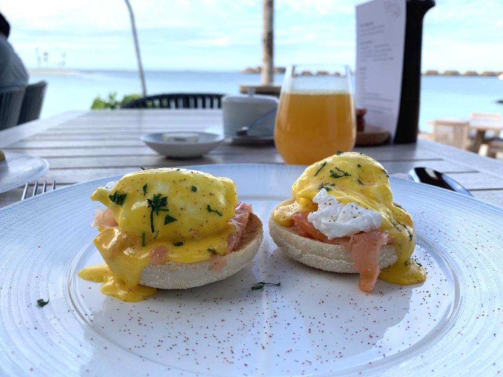 Eggs benedict at tasting table, Waldorf Astoria Maldives