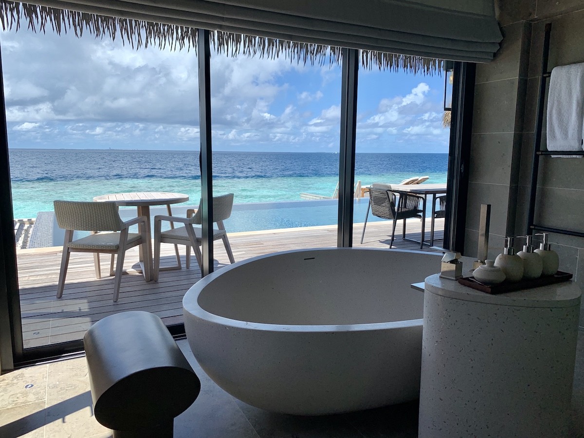 Waldorf Astoria Maldives overwater villa bathtub with ocean views