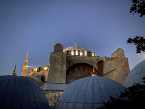 Hotel room view of Hagia Sophia at night