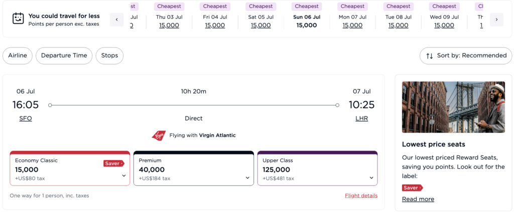 Virgin Atlantic award flight summer 2025 SFO-LHR