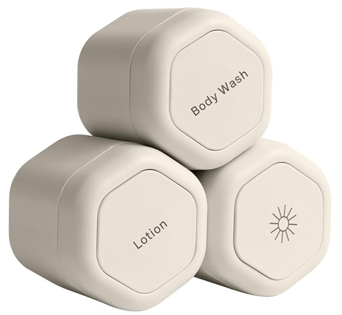 Three magnetic Cadence travel containers in beige