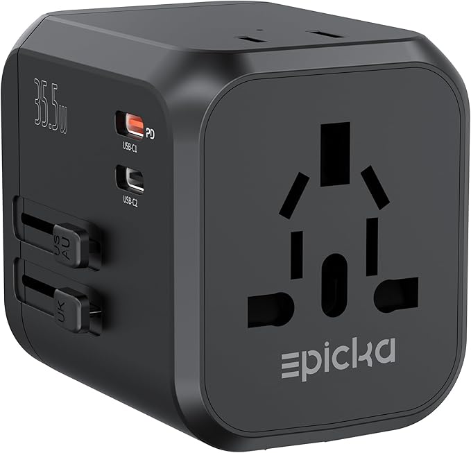 The black EPICKA Universal Travel Adapter TA-205 makes a great travel gift for the holidays