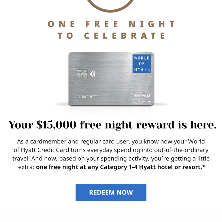 Hyatt credit card free night award - earned after spending ,000 in a year