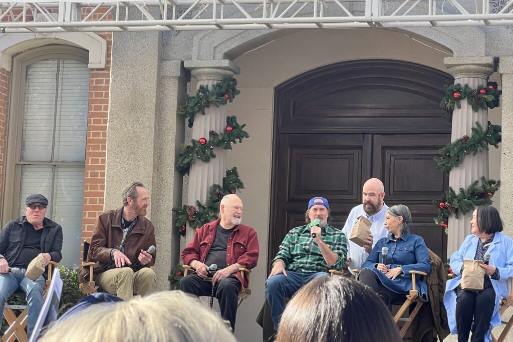 The Gilmore Girls cast filming the "I'm All In" podcast in Stars Hollow