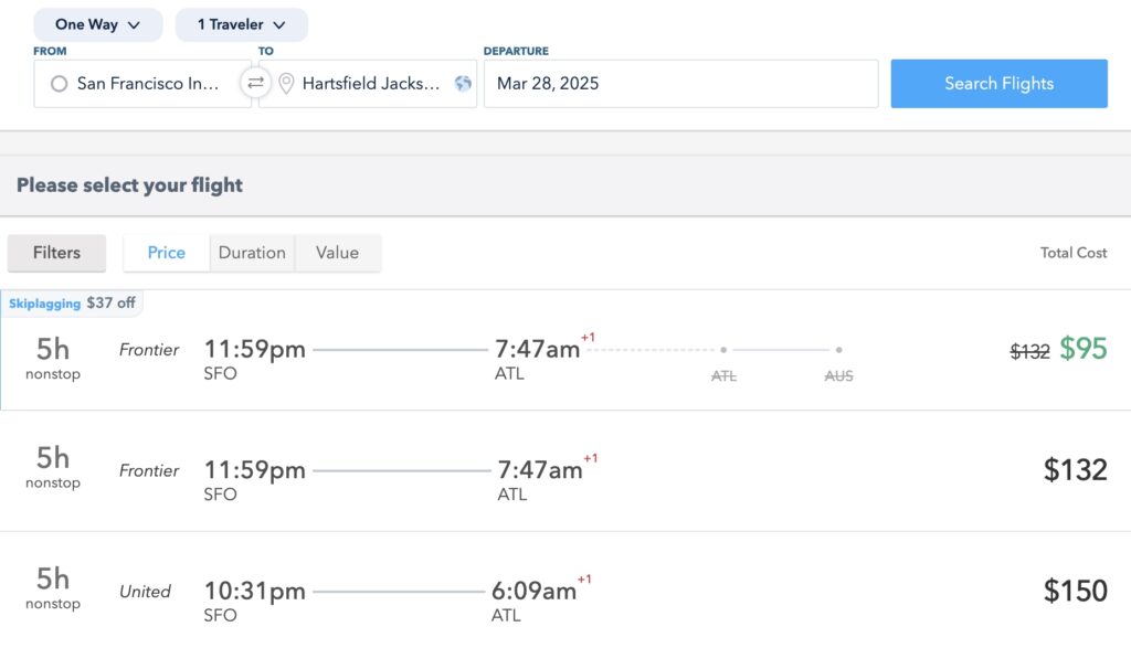 Skiplagged SFO-ATL hidden city ticketing savings