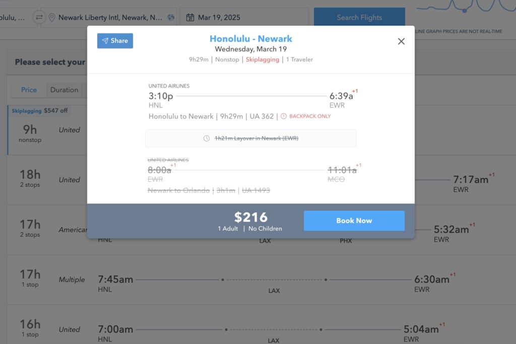 Skiplagged hidden ticketing fare HNL-EWR