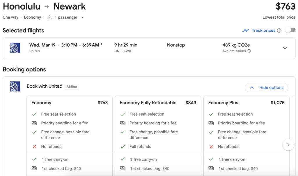 United fare from HNL-EWR in March which could be cheaper via skiplagging