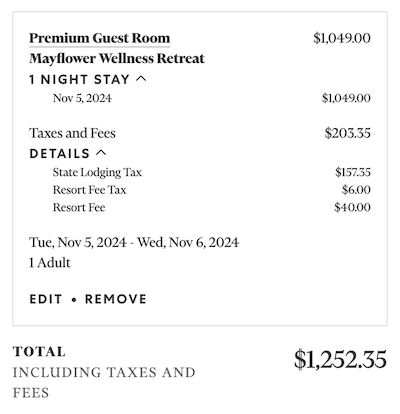 Mayflower Inn & Spa rate on the hotel website $1252